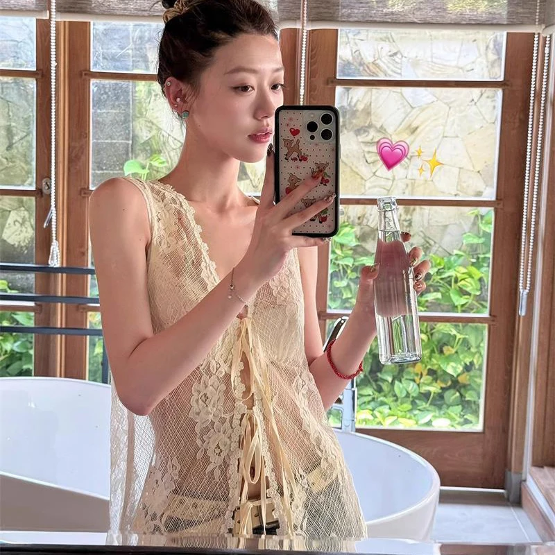 Seksowna koronkowa sukienka na ramiączkach Koreańska moda Wydrążona koronkowa długa sukienka Letni Harajuku Szykowny kardigan bez rękawów z dekoltem V Top Vestidos