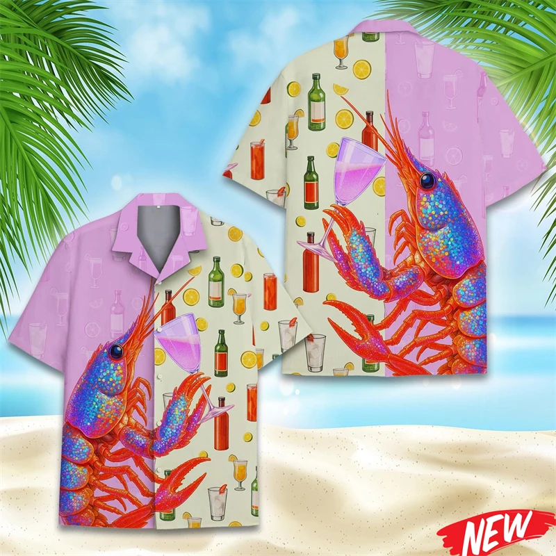 

Модная гавайская рубашка с узором в виде омаров для мужчин, летняя пляжная рубашка с коротким рукавом на пуговицах, женские топы, быстросохнущая рубашка оверсайз с отложным воротником