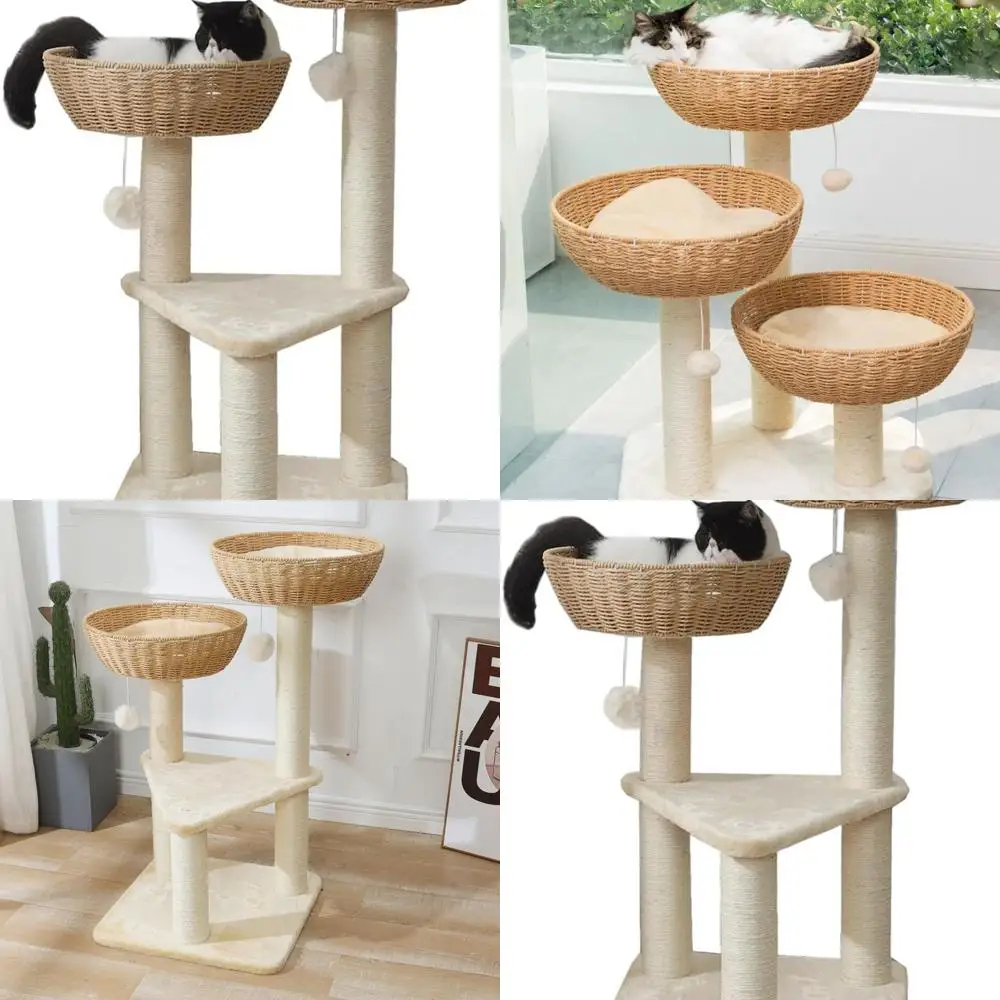 

Large-Cat Rattan Tree Tower with Two Baskets, Supports Up to 20lbs