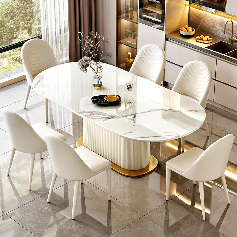 Cream Wind Rock Slab Dining Table Combination Modern Simple Oval Light Luxury Dining Room Tables With 6 Chairs Home Furniture