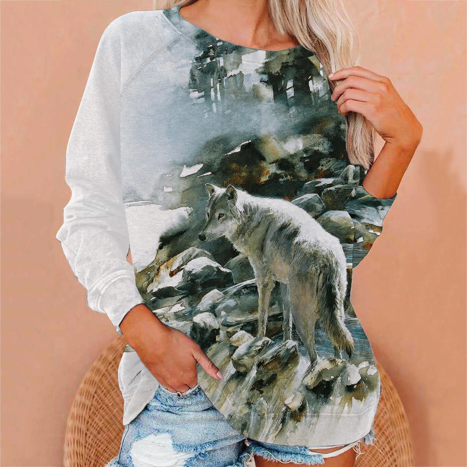 패션 동물 늑대 3D 프린트 스웨트셔츠 여성 래글런 긴 소매 후디 캐주얼 풀오버 하라주쿠 Y2K 탑 여성 의류