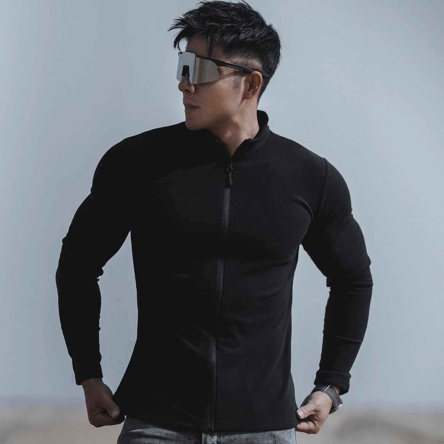 Męska sportowa bluza fitness z długim rękawem, stójką, jednolita kolorystyka, kurtka do joggingu, bluza treningowa z zamkiem błyskawicznym, długi rękaw.