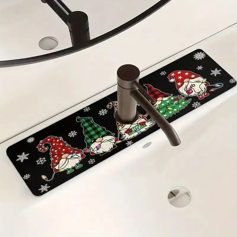 VIKAMA Christmas Gnome Faucet Mat Sink Absorbent Splash Pad Tomte Snowflake Quick Dry Drain Mat Happy New Year 2027 Decor
