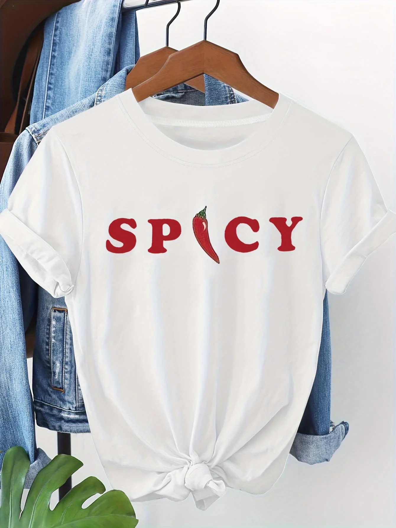 Fun Chili Pepper Letter Pattern Printed T - Shirt Short Sleeve Crew Neck Casual Top for Summer Spring Women's Clothing