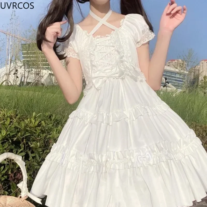 Kawaii puff short sleeve Lolita style dress women sweet bow lace ruffle bandage mini dresses girl gothic princess party vestidos