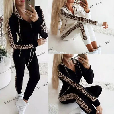 

Европа, Америка, осень и зима, новый популярный комплект свитера на молнии с длинными рукавами и леопардовым принтом, комплект брюк
