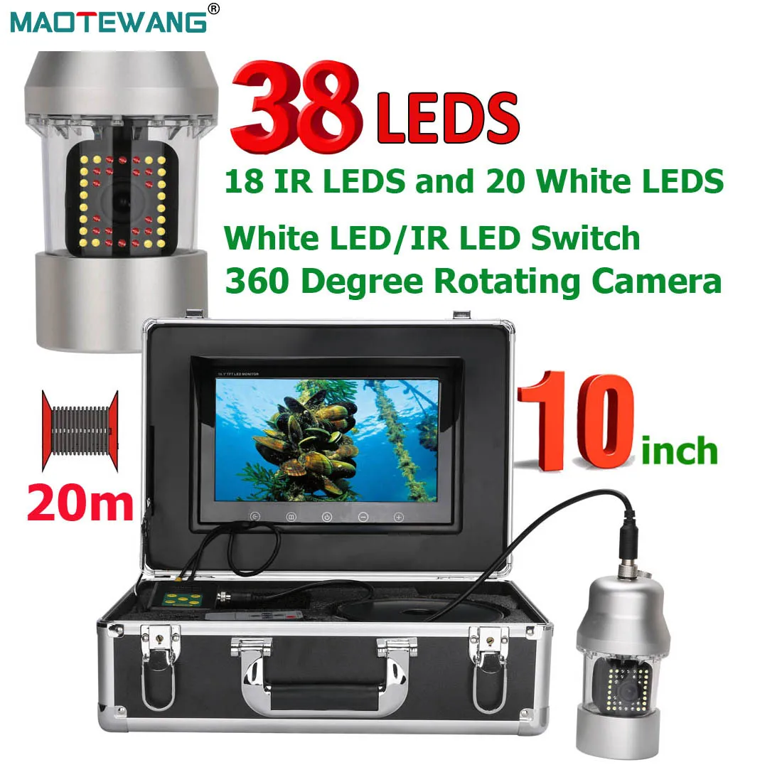 MAOTEWANG Underwater Fishing Video Camera 10 Inch 50m 100m  Fish Finder IP68 Waterproof 38 LEDs 360 Degree Rotating Fish Camera