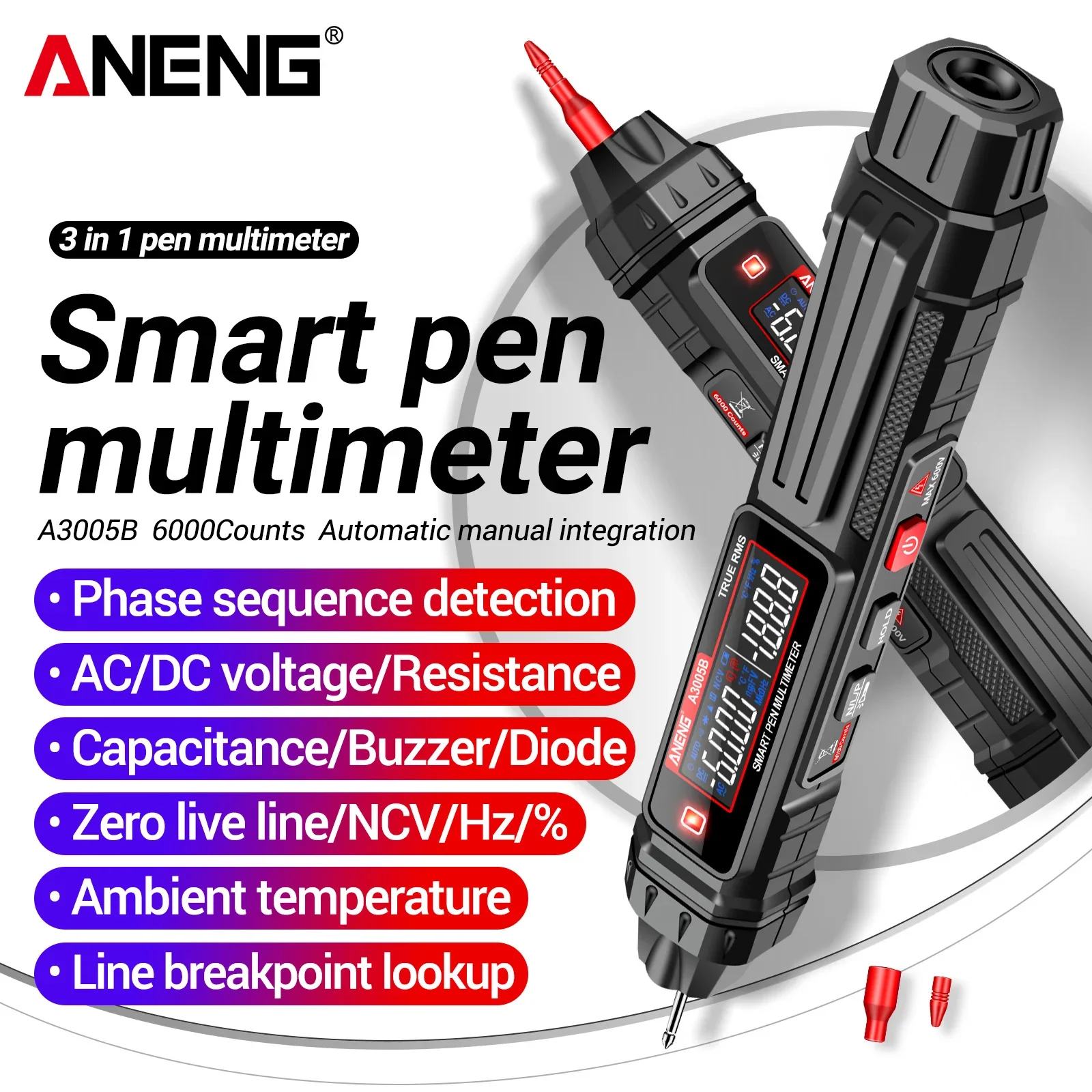 ANENG A3005B Digital Multimeter Neutral Wire & Phase Sequence Test Breakpoint Detection Buzzer Alarm Electrical Testing Tool