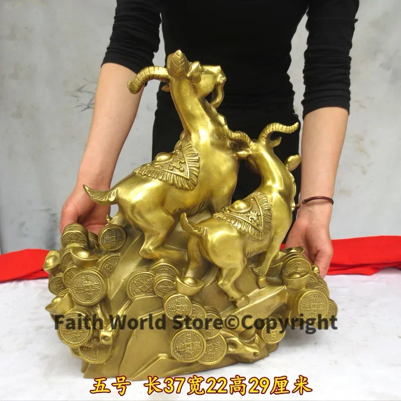 large HOME SHOP Company Business booming Money Drawing bring good luck money SAN YANG KAI TAI FENG SHUI Auspicious brass statue