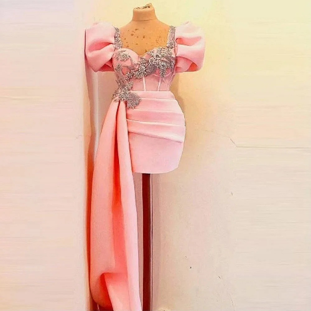 

Детские розовые коктейльные платья русалки с бусинами и кристаллами, платье для выпускного вечера с короткими рукавами и шлейфом по бокам, платье на день рождения, платья для выпускного вечера