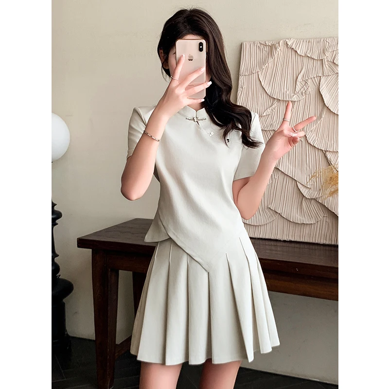 

Women Two Piece Sets Summer 2024 New Knitted Short Sleeve Solid Stand Neck Folds Apricot Ash Black Top Shirt Skirt Suit