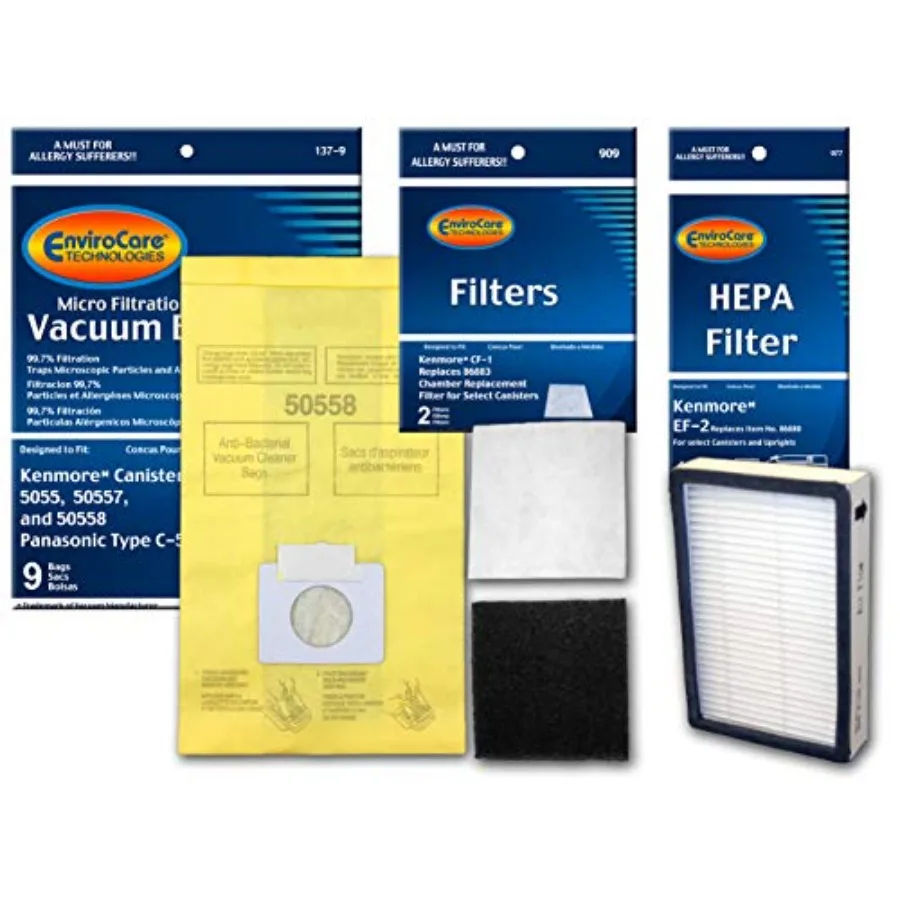 

Replacement Vacuum Bags designed to fit Kenmore Canister Type C or Q 50555, 50558, 50557 and Type C-5 9 Bags and 1 EF-2 HEPA Fi