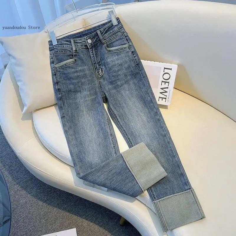Spring Autumn Female Denim Straight Trousers Women's Jeans High Waist Fit Flipped Panel Elastic 9-Point Pipe Pants