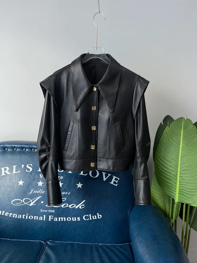 2025 novo casaco feminino faionable ort couro jaet legal sle eepskin couro real cintura-empitação tamanho ature