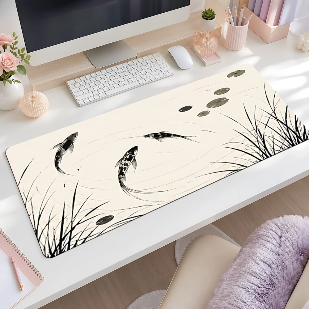 Koi Carp and Lotus Leaf Mouse Pad - Anti-slip Base Desktop Pad. Black/White Ink Wash Style. Simple Elliptical Computer Pad