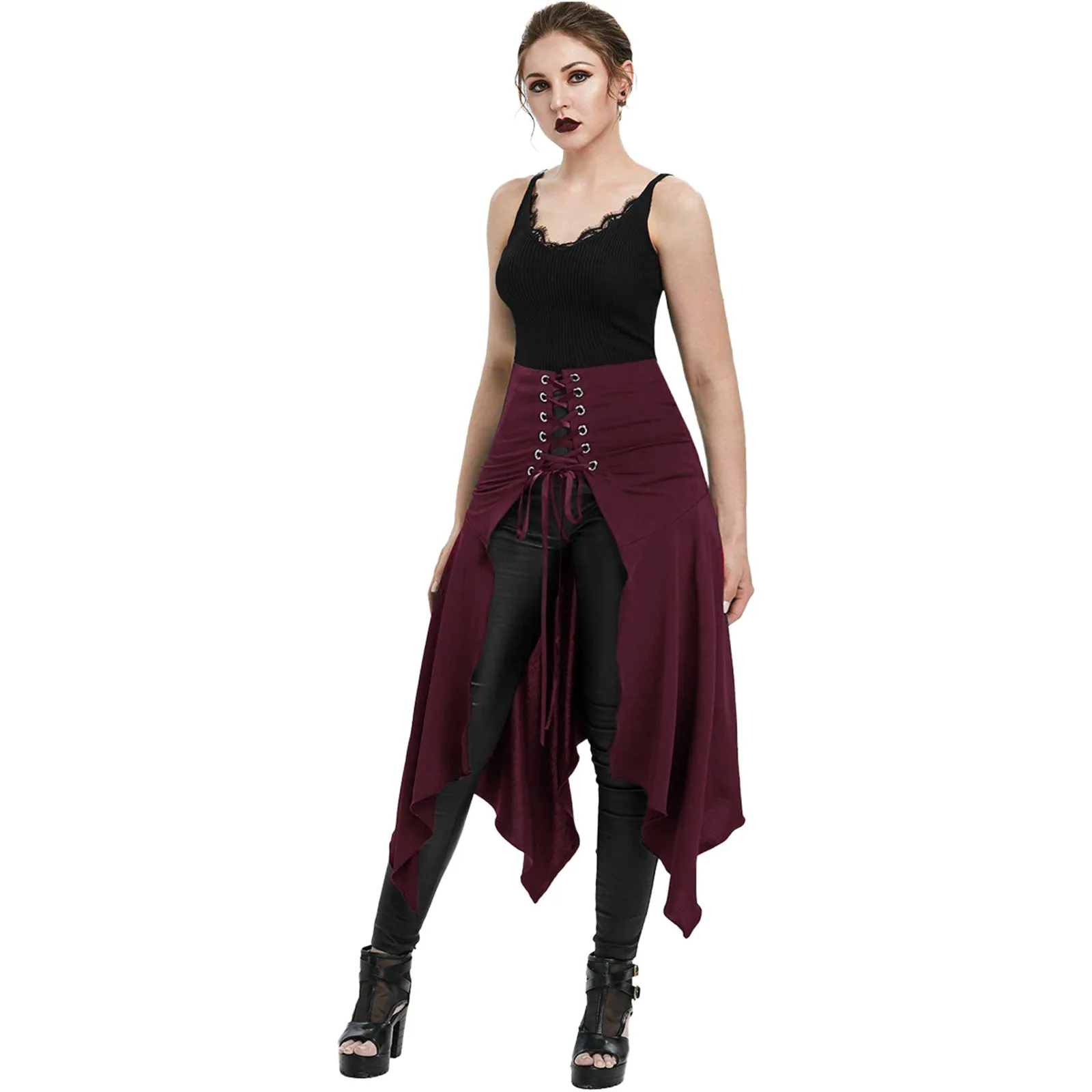 

Medieval Vintage Gothic Punk Asymmetric Hem Skirt Steampunk Button Cross Lace Up Drawstring Front Slit Half Skirts Renaissance