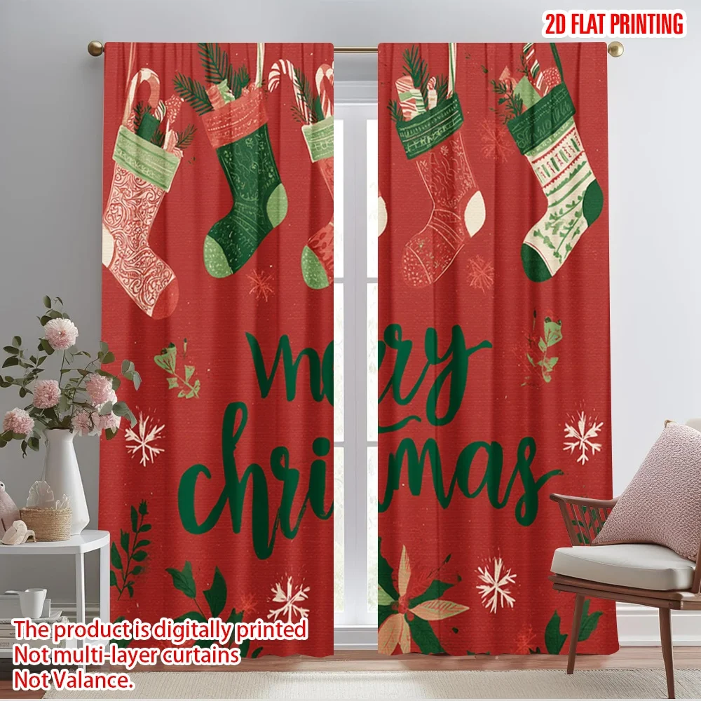 2pcs,2D plane printing Popular Curtains Stockings_ Snowflakes & Poinsettias Durable Polyester (without rod) Decorations Inside