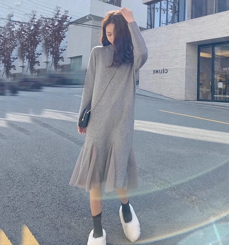 

Round Neck Knitted Long Dress Women's Base Layer Sweater Dress 2025 New Autumn Winter New Arrival for Solid Color Dresses CQ281