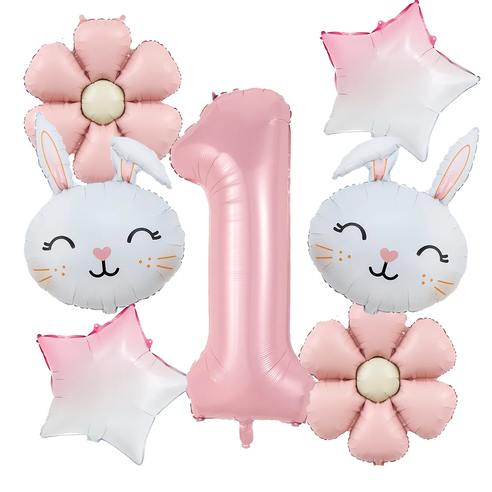 7-teiliges Kaninchen-Gänseblümchen-Ballon-Set mit 32 Zoll rosa Nummer 1–9 Ballon für Ostern, Geburtstagsparty-Dekoration, Kinderspielzeug, Geschenke