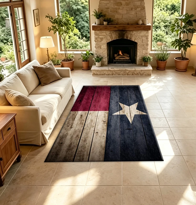 Vintage Texas Star-Patterned Wood-Grain Carpet, Suitable for Rustic-Style Decoration in Home Interiors