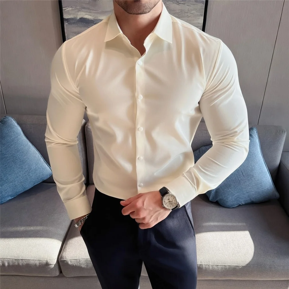 

Мужские классические рубашки из однотонной ткани, повседневные, не требующие глажки, с длинным рукавом, для офиса, деловых встреч и торжественных мероприятий, весна.