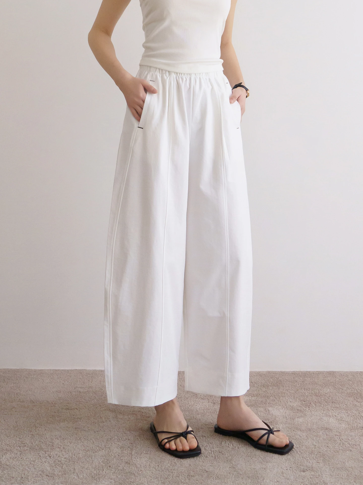 

High Waist Wide Leg Pants Women's White Elastic Casual Loose Slimming Shape Nine Points Pants Floradance Spring Summer