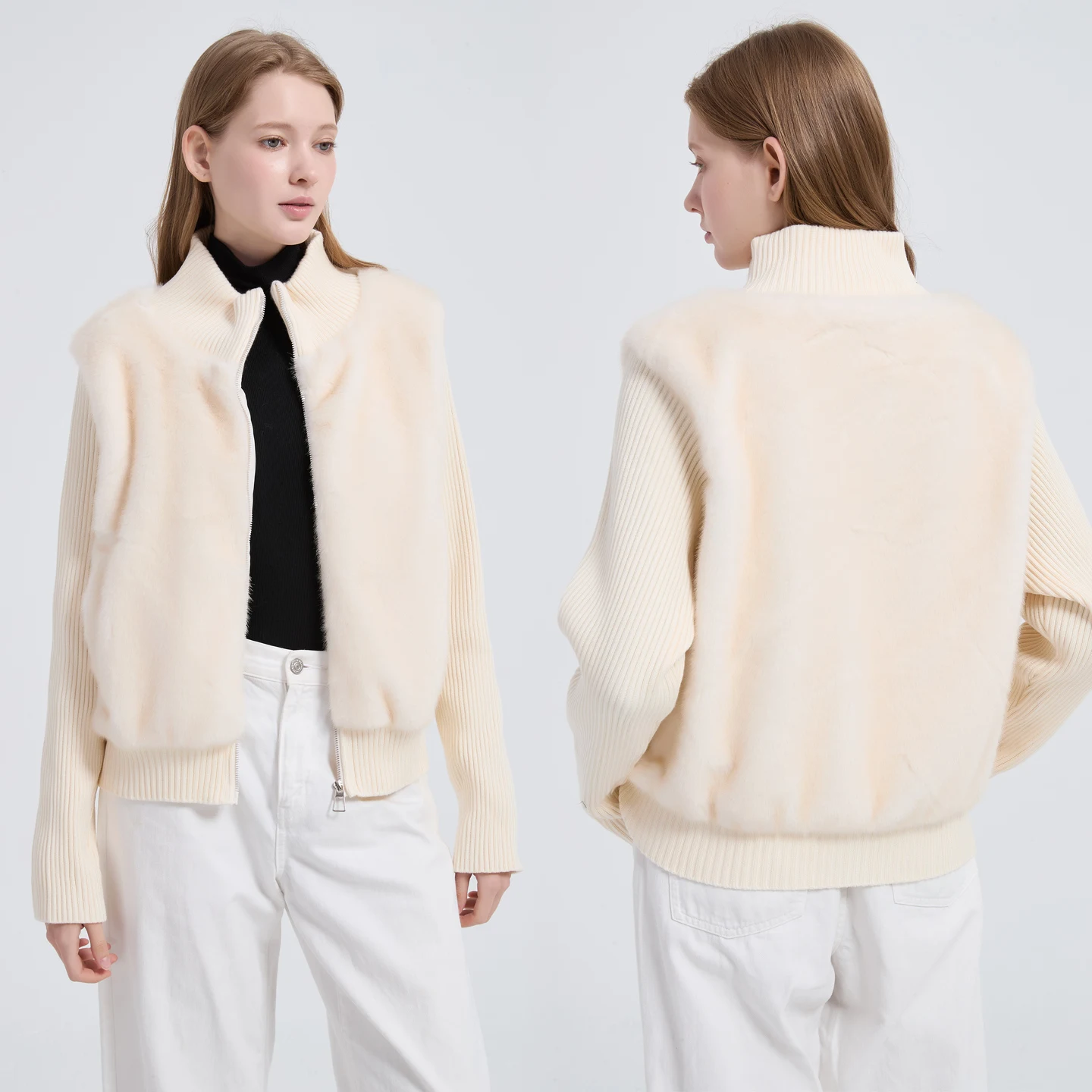 2026 Autumn Winter Women's Chic Patchwork Fleece Jacket Stand Collar Soft Fur Knitted Sleeve Warm Outerwear Stylish Ladies Coat
