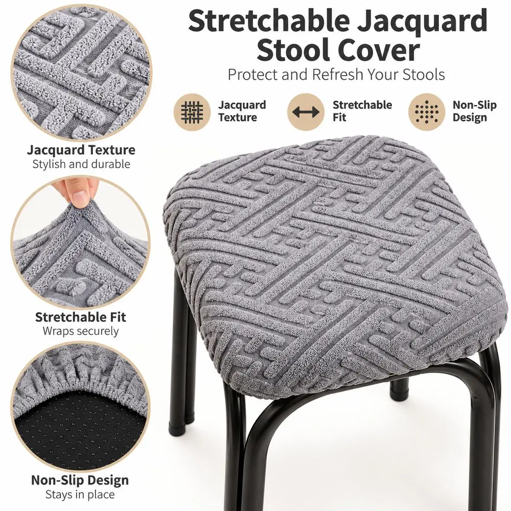 New Jacquard Square Stool Cover Non-Slip Elastic Edge Bar Stool Cover Washable Geometric Pattern Seat Protector Kitchen Seating