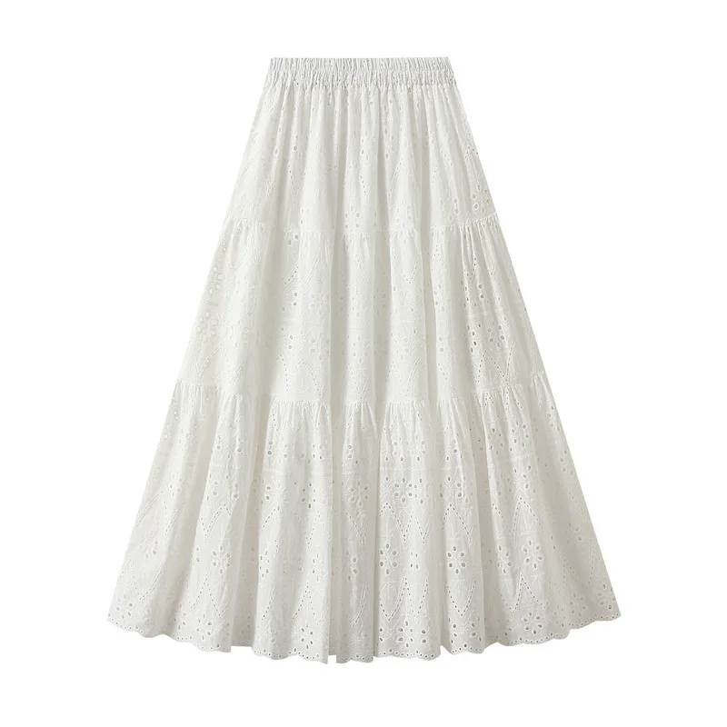 Gentle style hollowed out embroidered half skirt, slimming and oversized women's long skirt, A-line skirt, pleated skirt, prince