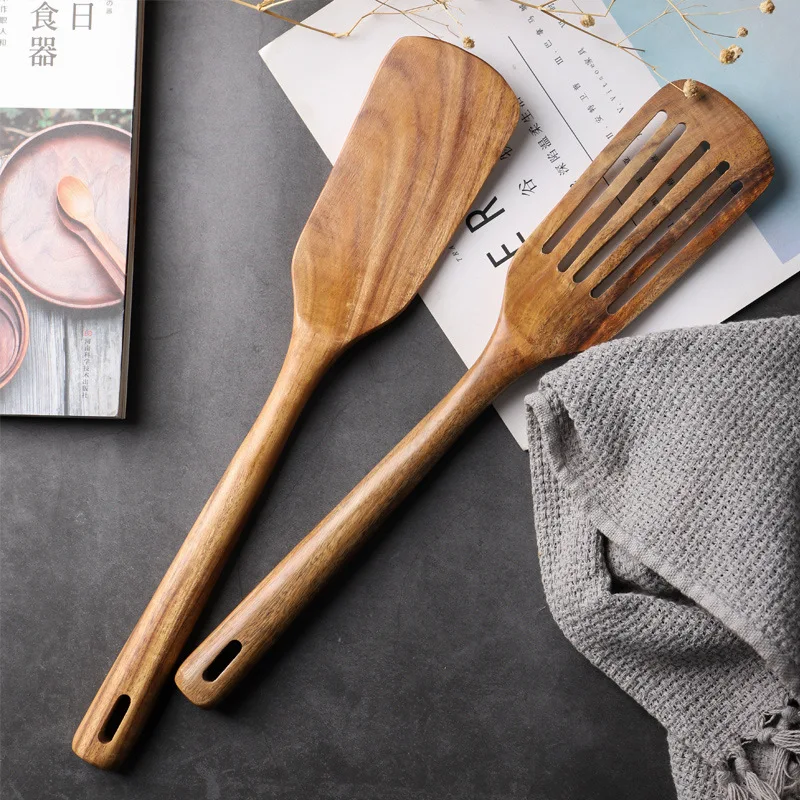 Thai Teak Wooden Unpainted Oil Frying Soup Rice Spoons Long Handle Spatula Household Leaky Shovel Large Agitator Kitchen Items