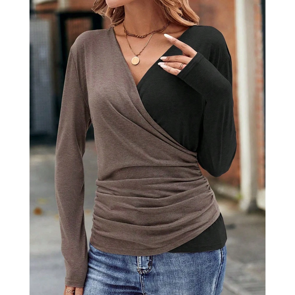 Fashion Women Colorblock Print Ruched Long Sleeve T-Shirt Tees Casual Basic Tops Spring T-Shirts Blouse Fall Daily Clothing