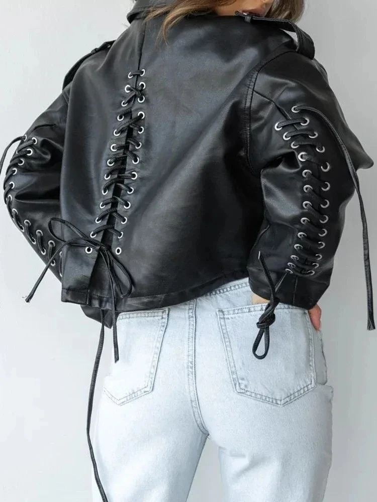 

Vintage Bomber Jacket Women Lace Up Faux Leather Jacket Gothic Water Washed Moto Biker Coat Spring Autumn Women Clothing