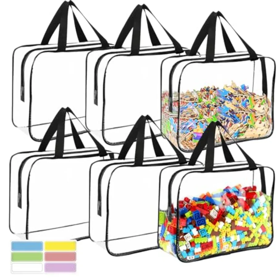 

6 Packs Toy Storage Bags with Labels, Reusable Clear PVC Board Game Storage, Travel Waterproof Organizer Bags with Zipper for B