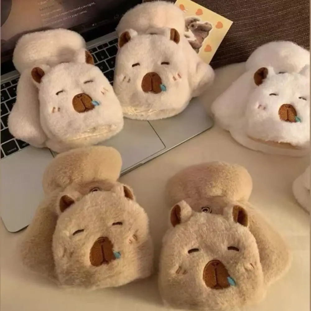 Moda meio dedo luvas de pelúcia tela toque flip capa inverno luvas de veludo engrossado dos desenhos animados capivara luvas estudante