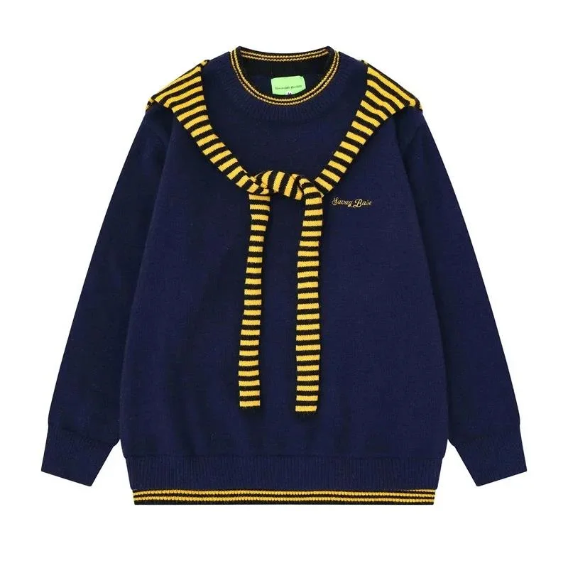 American Vintage Shawl Striped Spliced Men's Knit Sweater Embroidery Letter Loose Trendy Autumn Crew Neck Pullovers CCDX2