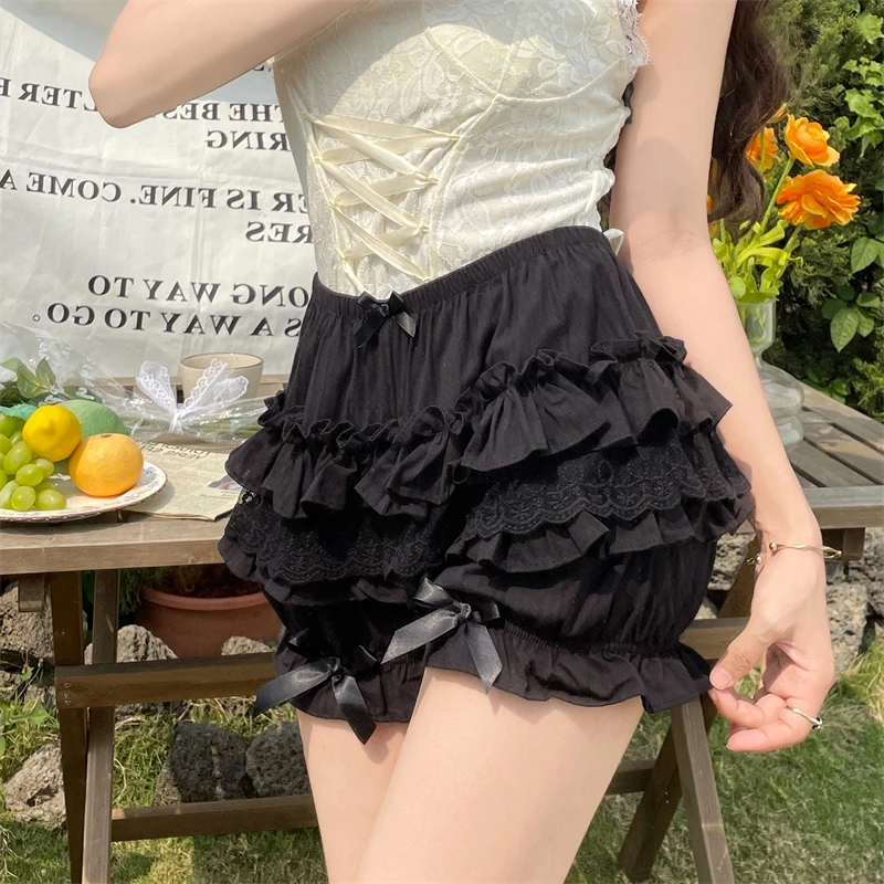 Black White Ruffle Lace Knickers Women Kawaii Pumpkin Panties Cute Bowknot Lolita Safety Shorts Pants Vintage Victorian Bloomers