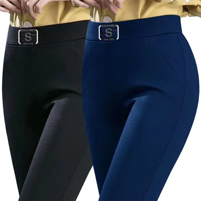 

Autumn Winter Middle Aged Women Elastic Waist Casual Straight Pants Female Trousers Add Velvet/No Velvet Lady Black Leggings 5XL