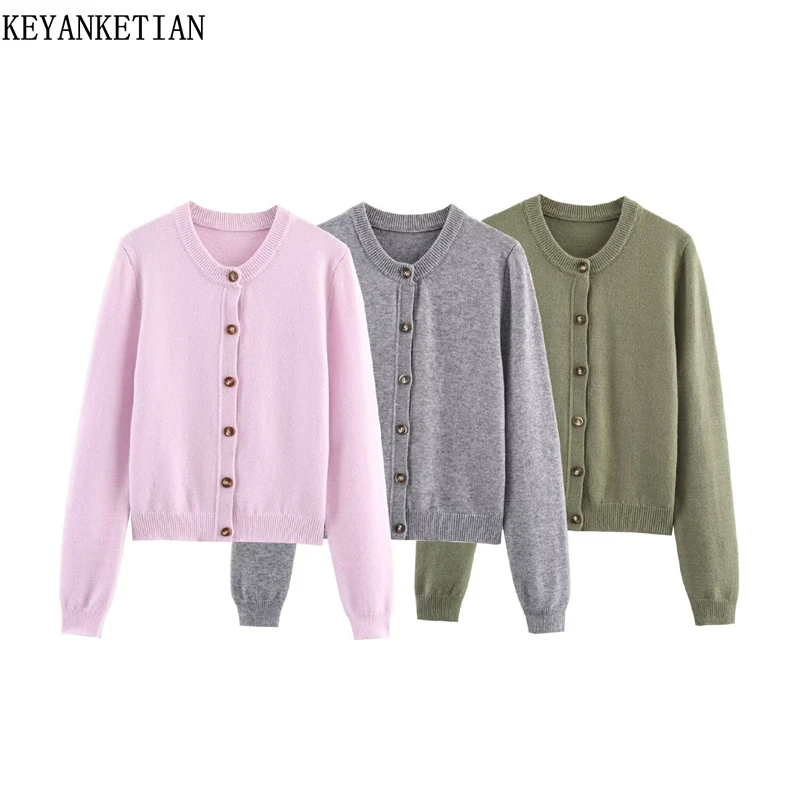 

KEYANKETIAN 2025 Winter New Women's Solid color Knitted Cardigan Simple style O-Neck Single Breasted Slim Sweater Thin Top