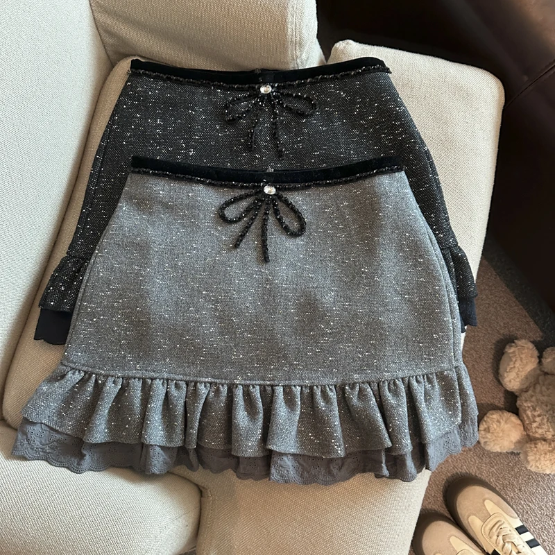 

Women's Autumn Winter Elegant Ruffles A Line Sequined Short Skirt Lady Solid Color Bling Bling Mini Skirt