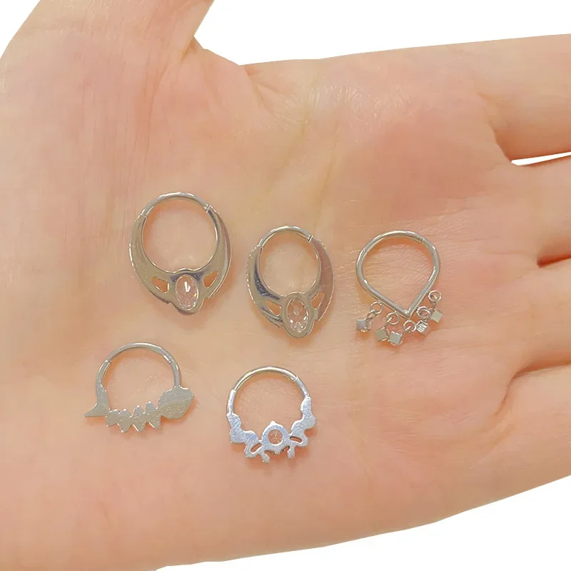 ASTM F136 Titanium EAR PIERC Fan-shaped and side CZ Ring Hoop Nose Rings Hinged Clicker Earring Labret Tragus Ring Body Piercing