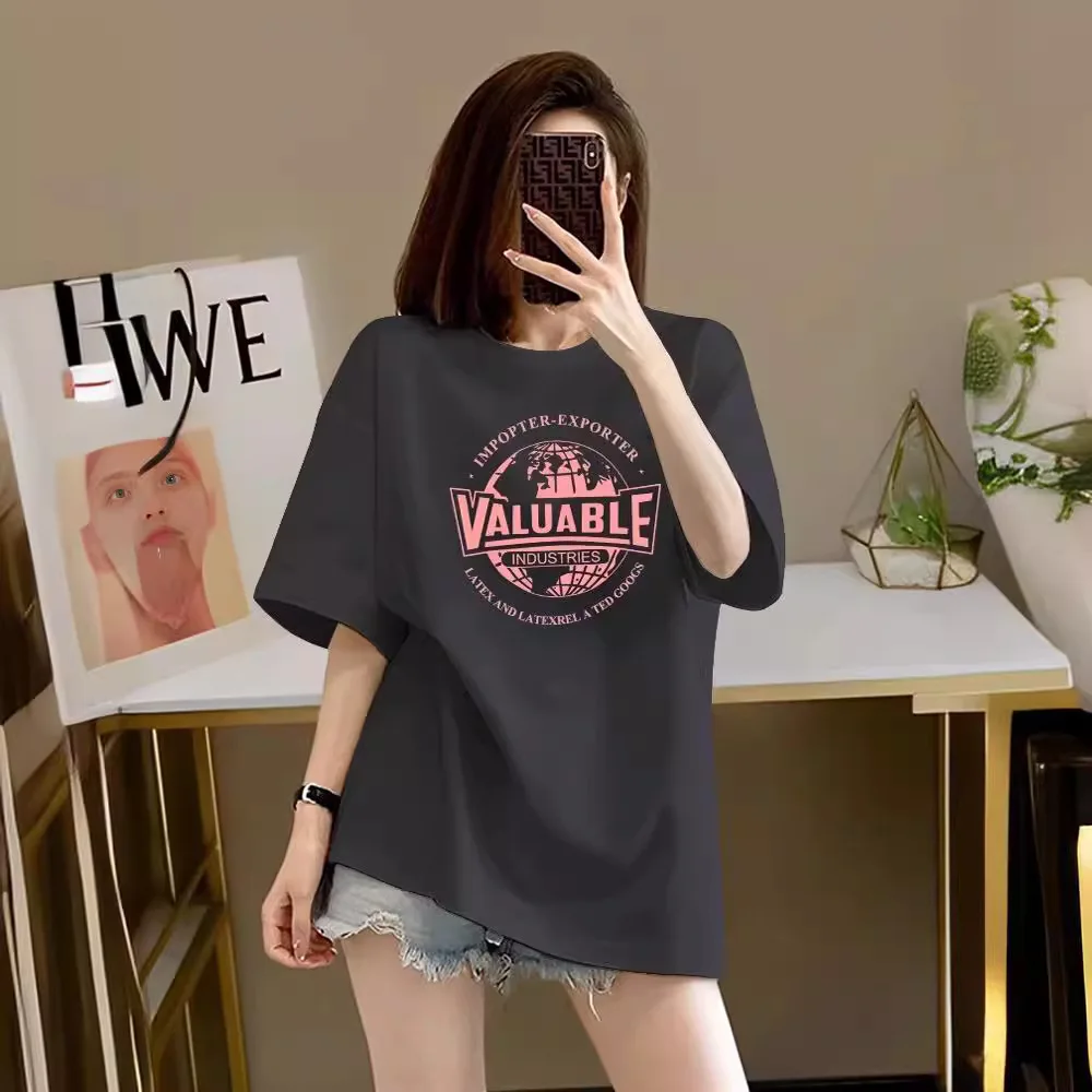 

Women Letter Round Neck T Shirt Summer Loose Print Casual Pullover Shirts