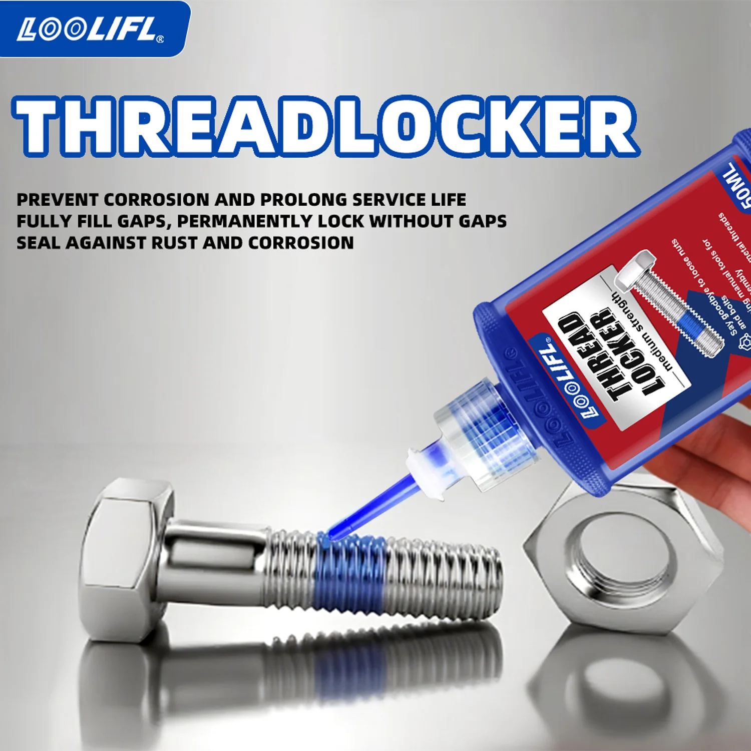 LOOLIFL Blue Liquid Thread Locker Medium Strength 10-50ML Removable Screw Locking Anti Rust Shockproof Bolt Nut Fastener Sealant