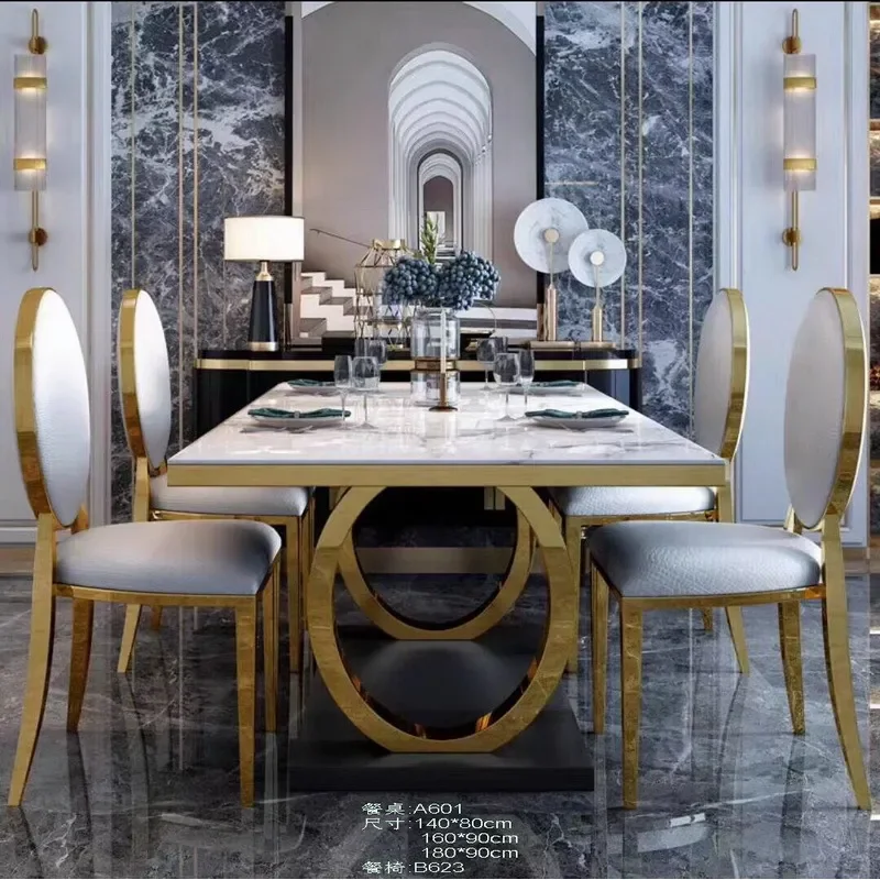 Modern Simple Rectangular Stainless Steel Titanium Marble Dining Table Light Luxury Italian Hotel Western Food Cafe Furniture