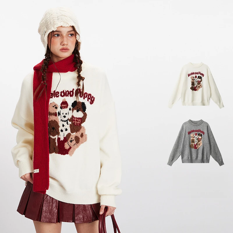 

SYEPA Autumn Winter American Style Crew Neck Pullover Sweater for Women with Cartoon Bear Pattern, Loose and Lazy Knitted Top