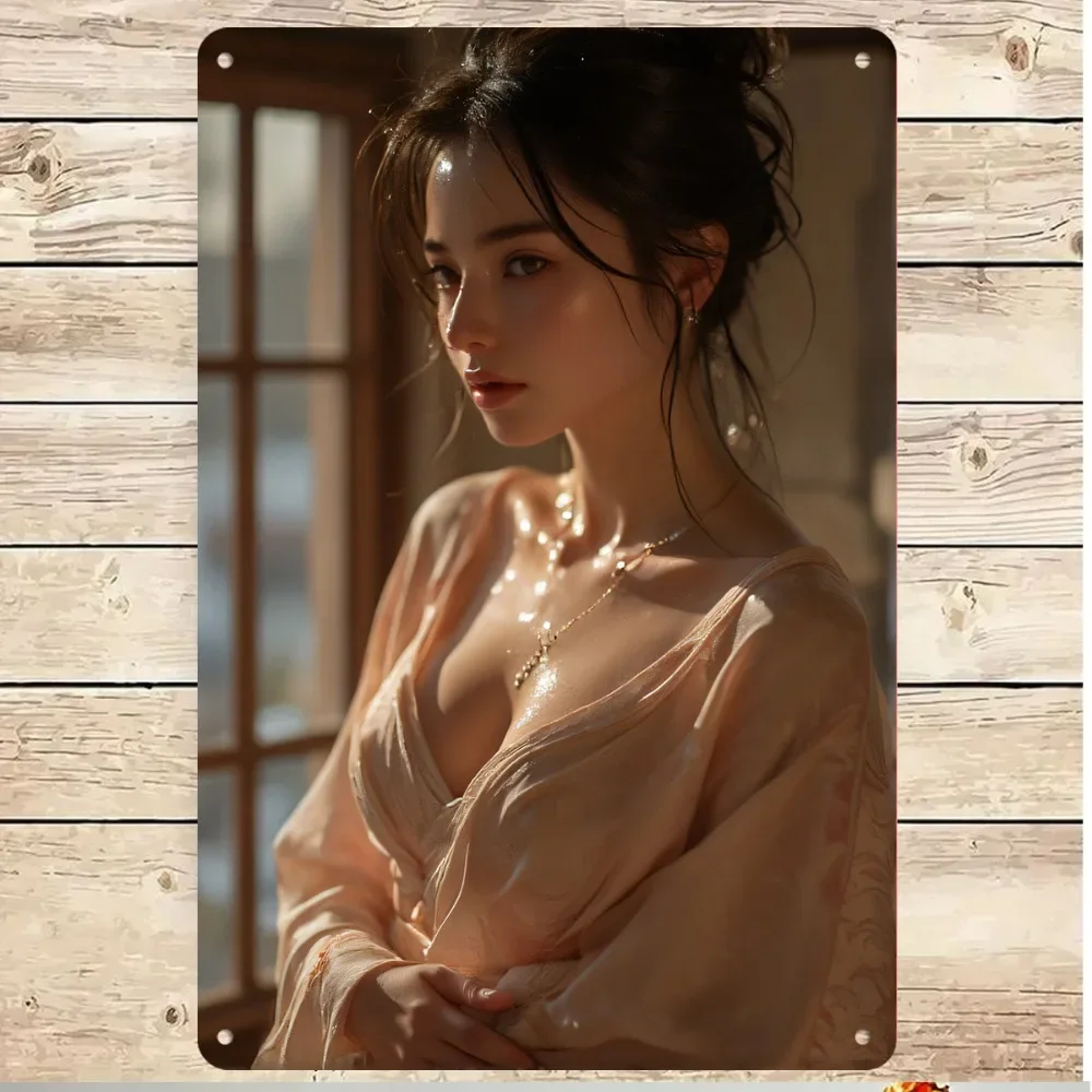 Vintage Sexy Asian Woman In Sheer Beige Robe Sunlit Window Retro Metal Tin Sign, Rustic Wet Skin Glow Aesthetic Model Wall Ar