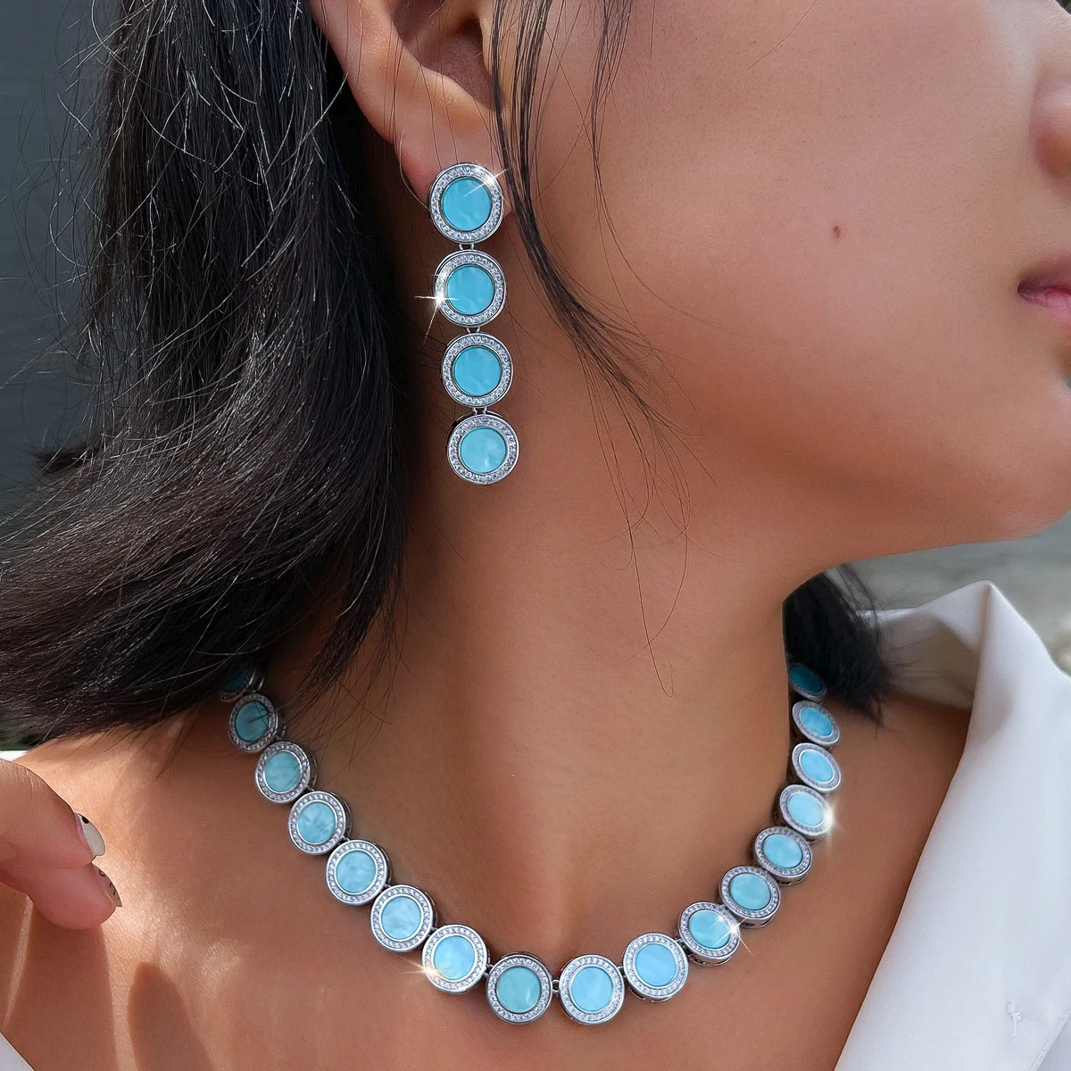 CWWZircons Sparkly Blue Enamel Round Halo Cubic Zirconia Jewelry Sets Statement Necklace Earrings for Evening Banquet Prom T1040