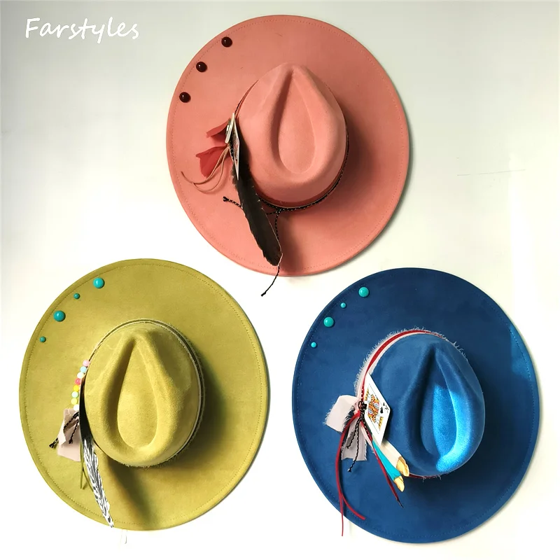 INS Wide Brim fedora hats Felt Suede hat turquoise Men women Feather accessory Fedoras DIY flat brim hat Jazz hat Top hats 2024