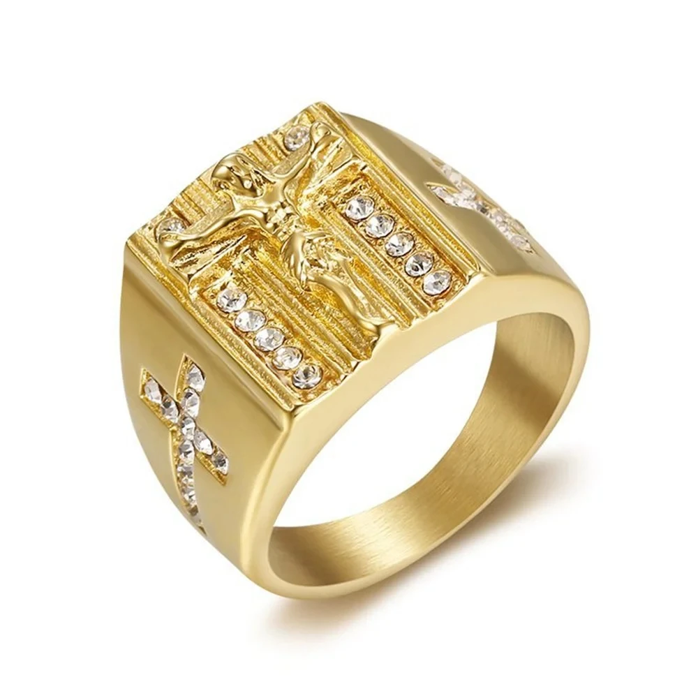 Hip Hop Iced Out Religious Jesus Cross Ring Gold Color Stainless Steel Christian Rings For Women & Men Wholesale Anel Masculino