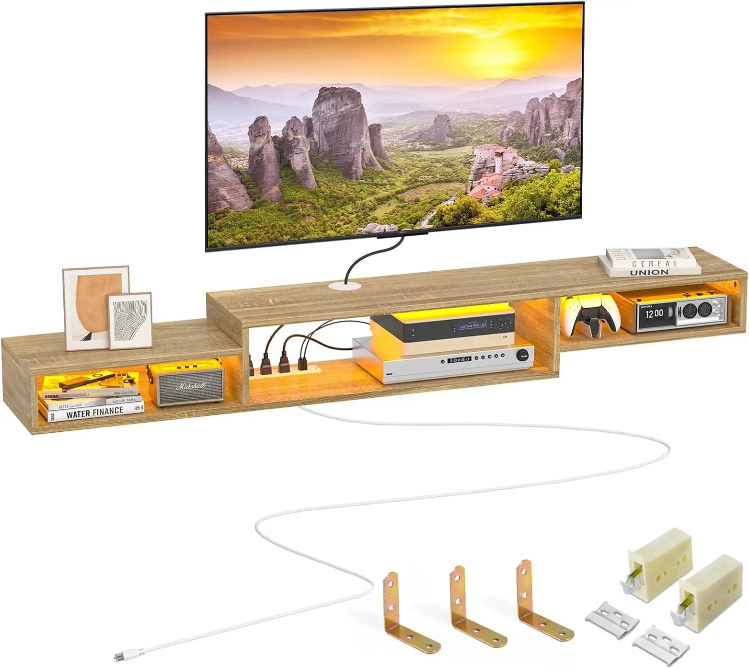 

71 inch floating with LED light power socket, wall mounted floating frame with storage rack, natural oak wood