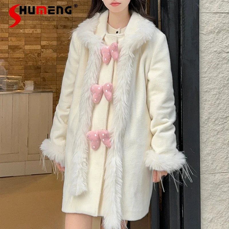 

2023 Winter New Japanese Rojita Style White Woolen Coat Long Sleeve Slimming Sweet Cute Jacket Furry Windbreaker Women's Clothes